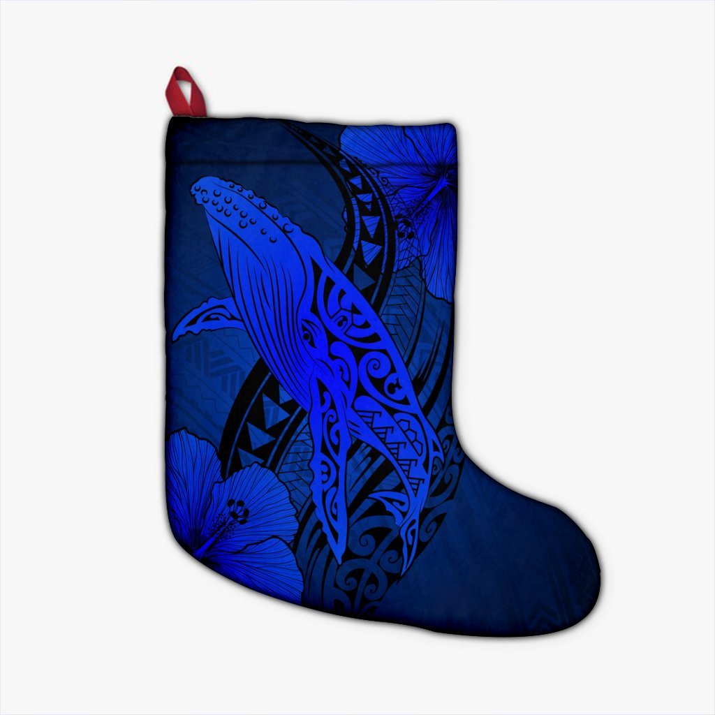 Hawaiian Map Whale Swim Hibiscus Polynesian Christmas Stocking - Blue - AH Christmas Stocking 26 X 42 cm Black - Polynesian Pride