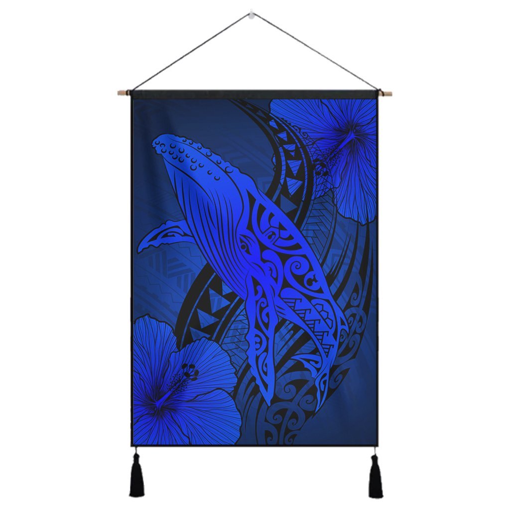 Hawaiian Map Whale Swim Hibiscus Polynesian Hanging Poster - Blue - AH Hanging Poster Cotton And Linen - Polynesian Pride