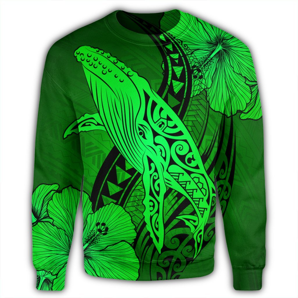 Hawaiian Map Whale Swim Hibiscus Polynesian Sweatshirt - Green - AH - Polynesian Pride