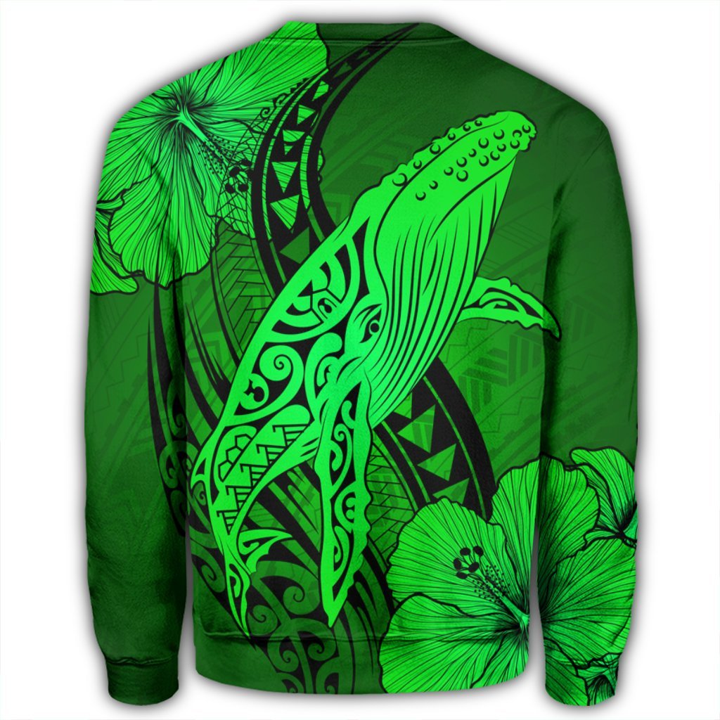 Hawaiian Map Whale Swim Hibiscus Polynesian Sweatshirt - Green - AH - Polynesian Pride