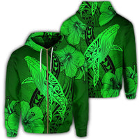 Hawaiian Map Whale Swim Hibiscus Polynesian Zip Hoodie Green Unisex Art - Polynesian Pride