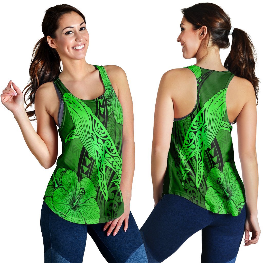 Hawaiian Map Whale Swim Hibiscus Polynesian Racerback Tank - Green - AH Black - Polynesian Pride
