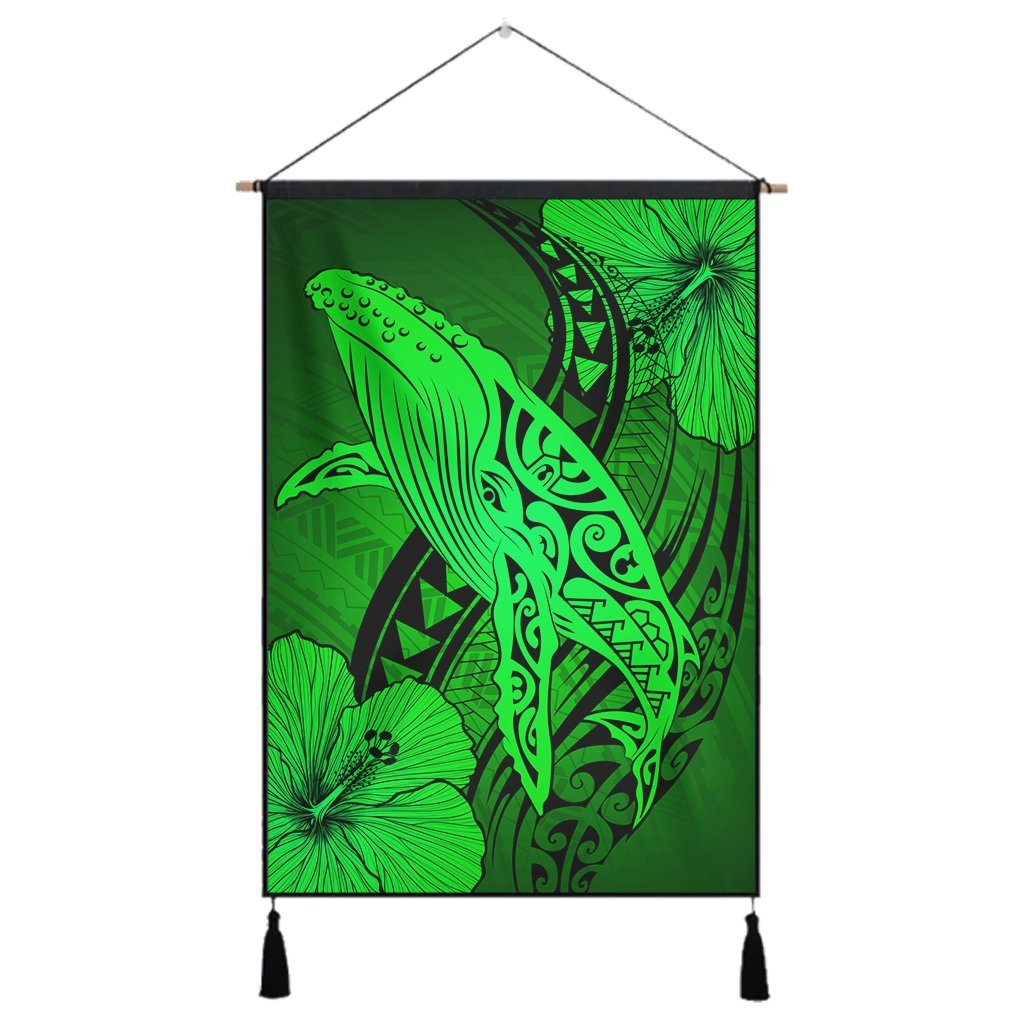 Hawaiian Map Whale Swim Hibiscus Polynesian Hanging Poster - Green - AH Hanging Poster Cotton And Linen - Polynesian Pride
