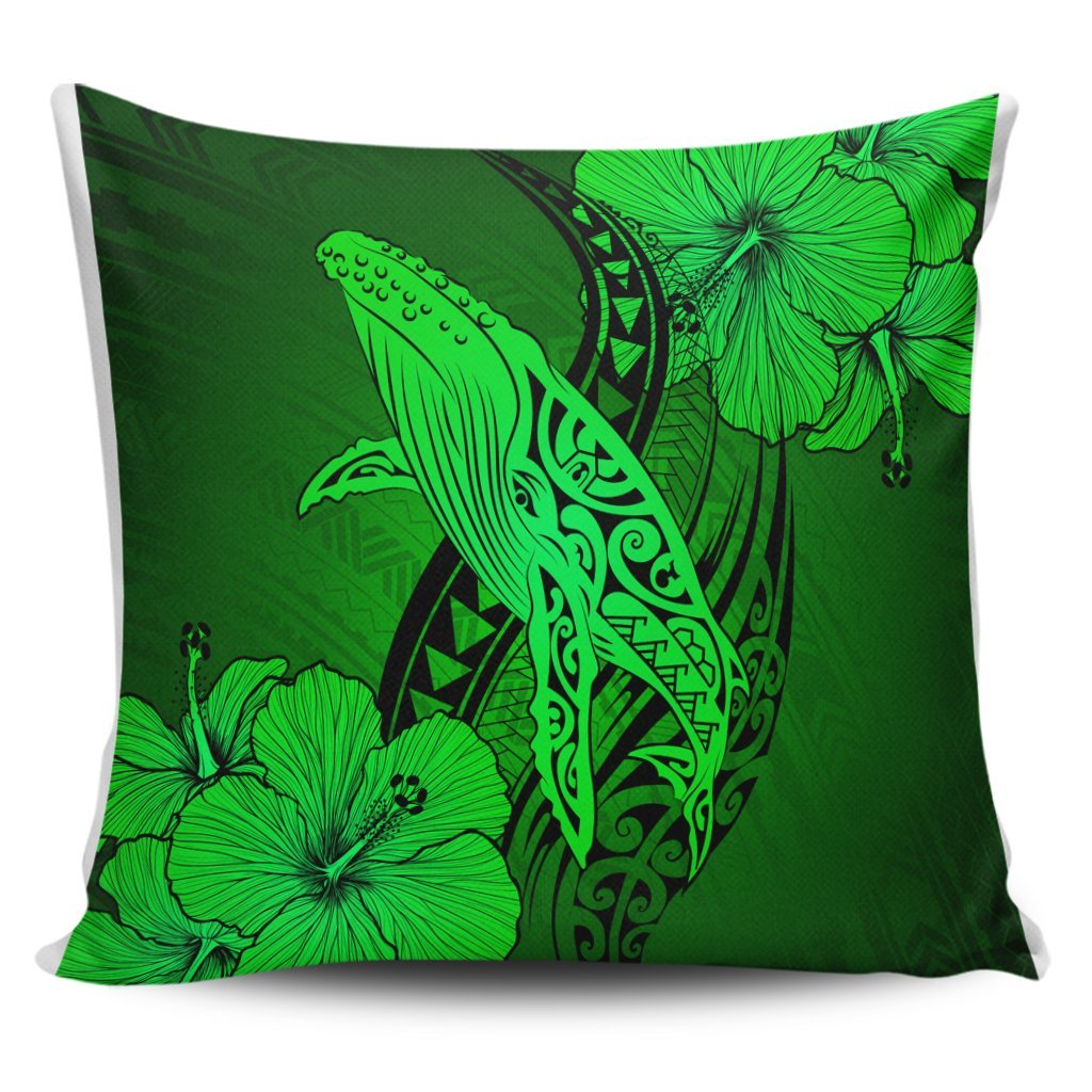 Hawaiian Map Whale Swim Hibiscus Polynesian Pillow Covers - Green - AH Pillow Covers Black - Polynesian Pride