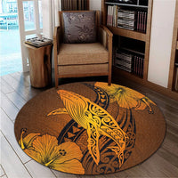 Hawaiian Map Whale Swim Hibiscus Polynesian Round Carpet - Orange - AH - Polynesian Pride