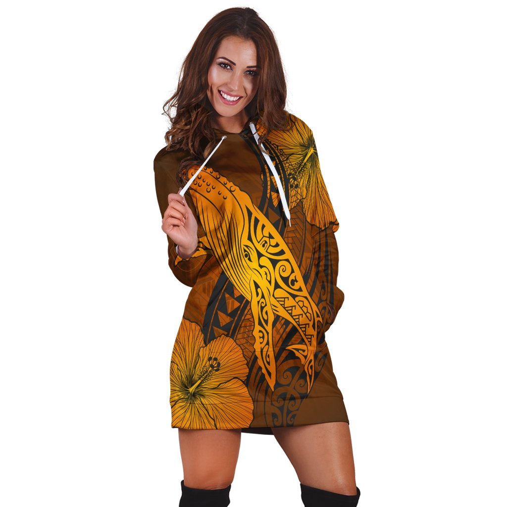 Hawaiian Map Whale Swim Hibiscus Polynesian Hoodie Dress - Orange - AH - Polynesian Pride