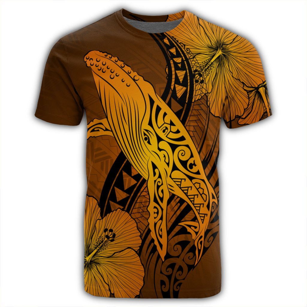Hawaiian Map Whale Swim Hibiscus Polynesian T Shirt Orange AH - Polynesian Pride