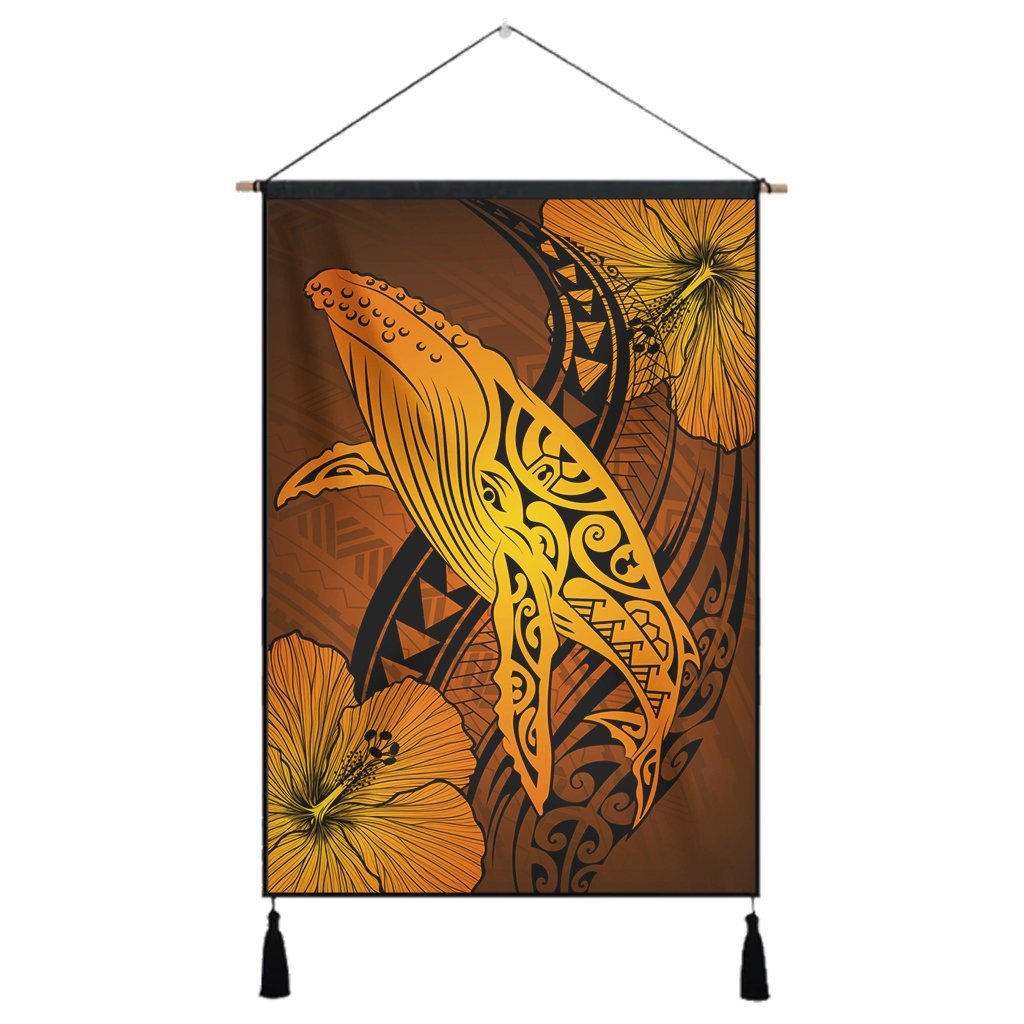 Hawaiian Map Whale Swim Hibiscus Polynesian Hanging Poster - Orange - AH Hanging Poster Cotton And Linen - Polynesian Pride