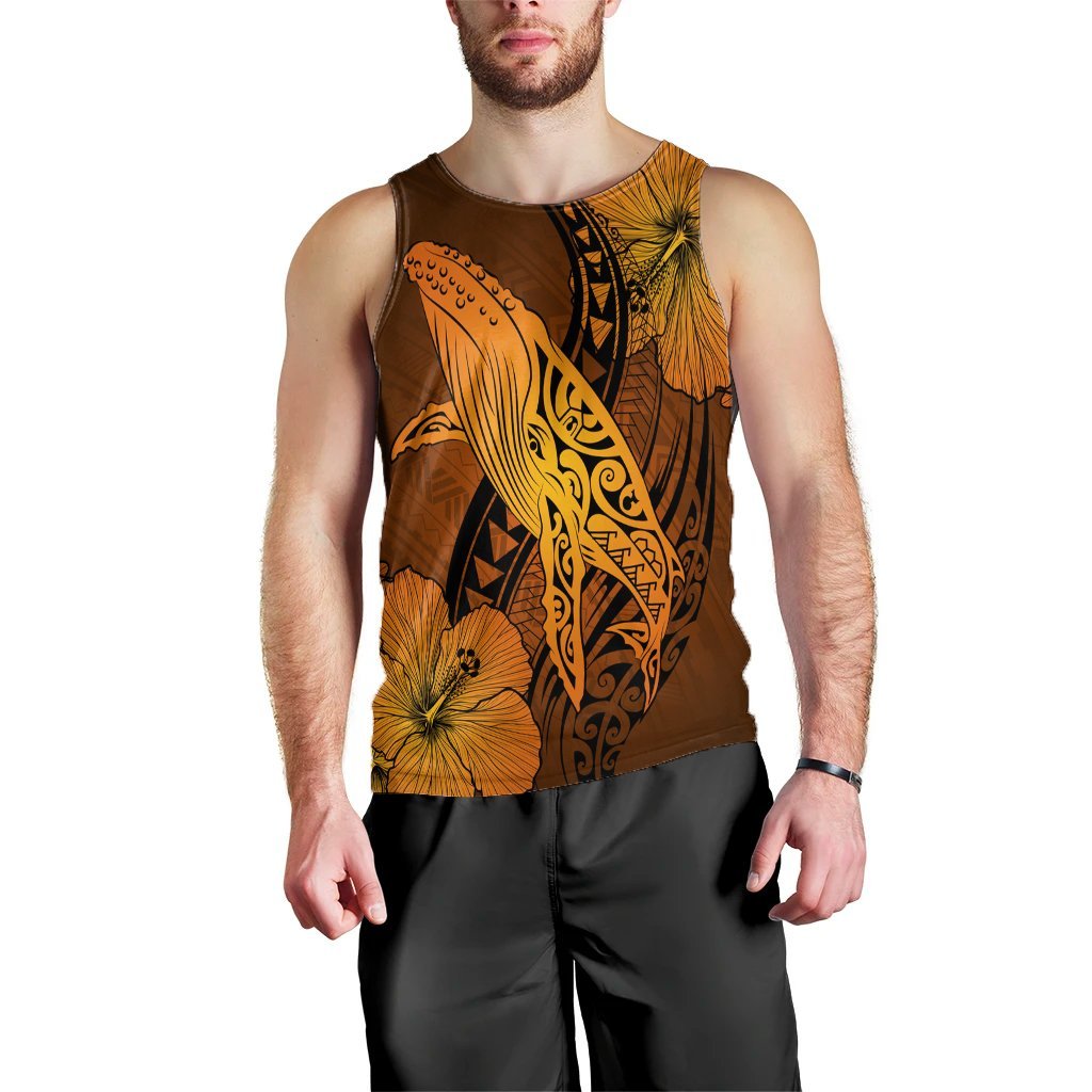 Hawaiian Map Whale Swim Hibiscus Polynesian Tank Top - Orange - AH Black - Polynesian Pride