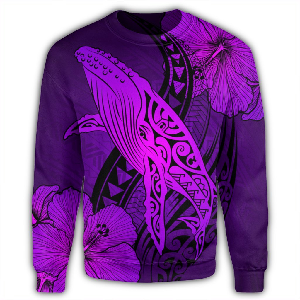 Hawaiian Map Whale Swim Hibiscus Polynesian Sweatshirt - Purple - AH - Polynesian Pride