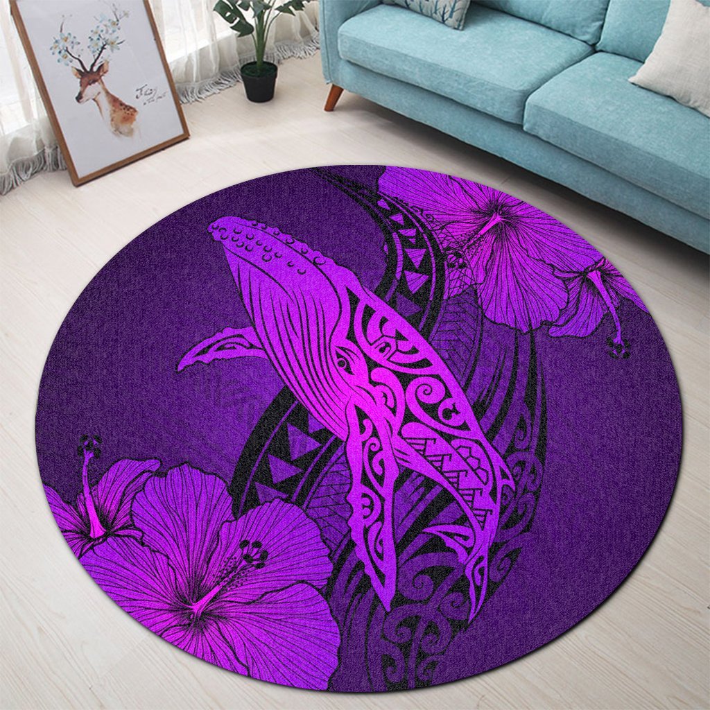 Hawaiian Map Whale Swim Hibiscus Polynesian Round Carpet - Purple - AH - Polynesian Pride