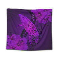 Hawaiian Map Whale Swim Hibiscus Polynesian Tapestry - Purple - AH Wall Tapestry Black - Polynesian Pride