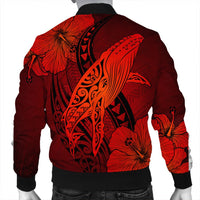 Hawaiian Map Whale Swim Hibiscus Polynesian Bomber Jacket - Red - AH - Polynesian Pride