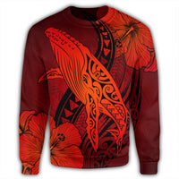 Hawaiian Map Whale Swim Hibiscus Polynesian Sweatshirt - Red - AH - Polynesian Pride