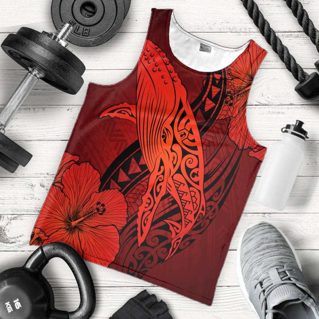 Hawaiian Map Whale Swim Hibiscus Polynesian Tank Top - Red - AH - Polynesian Pride
