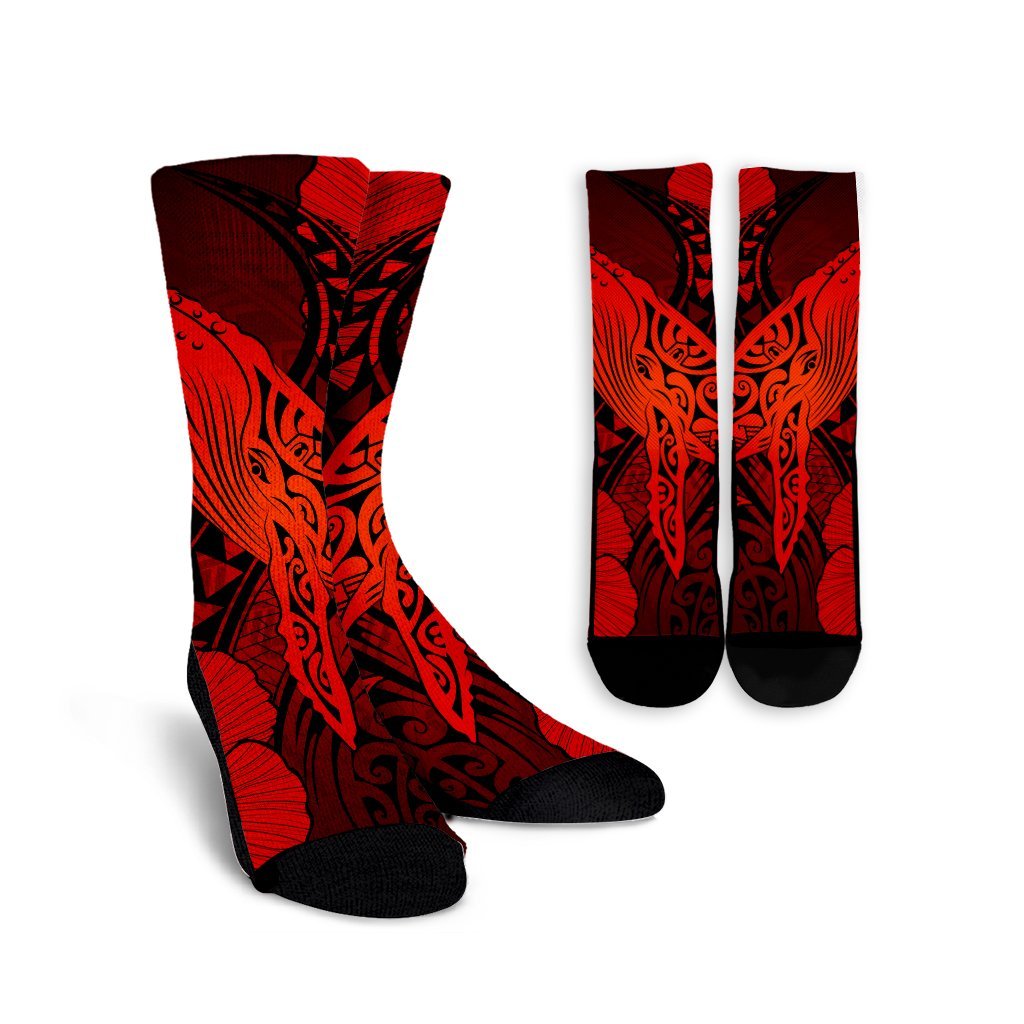 Hawaiian Map Whale Swim Hibiscus Polynesian Crew Socks - Red - AH Crew Socks White - Polynesian Pride