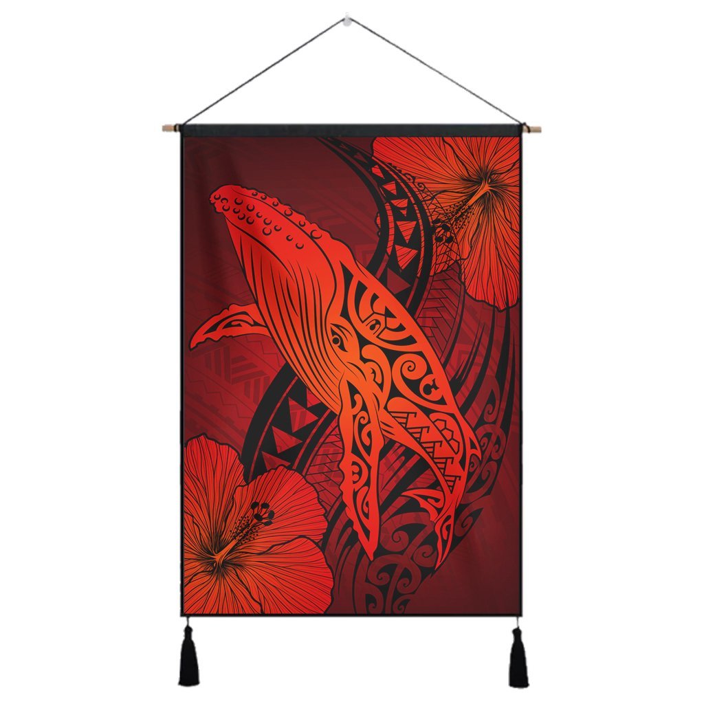 Hawaiian Map Whale Swim Hibiscus Polynesian Hanging Poster - Red - AH Hanging Poster Cotton And Linen - Polynesian Pride