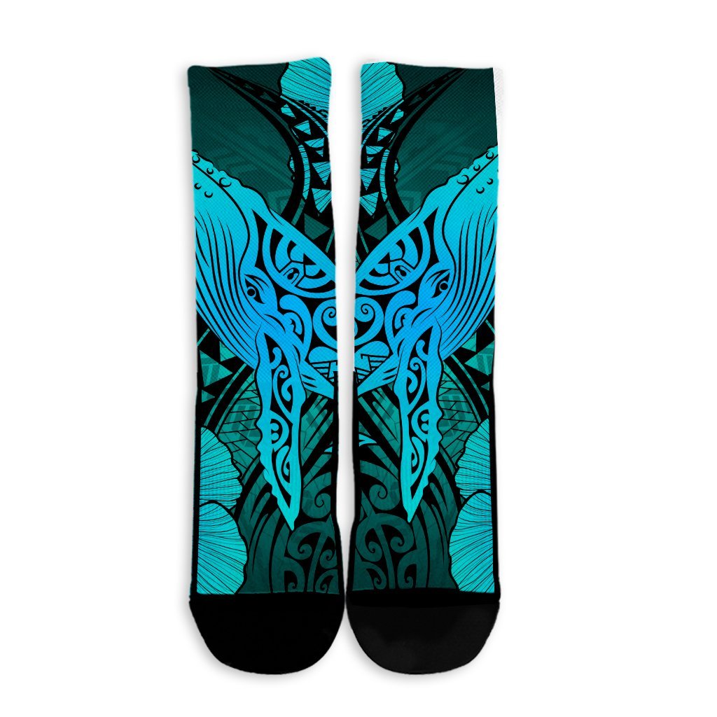 Hawaiian Map Whale Swim Hibiscus Polynesian Crew Socks - Turquoise - AH - Polynesian Pride