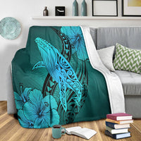 Hawaiian Map Whale Swim Hibiscus Polynesian Premium Blankets - Turquoise - AH - Polynesian Pride