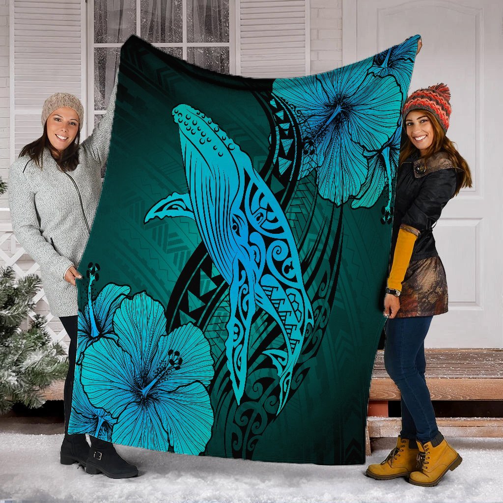 Hawaiian Map Whale Swim Hibiscus Polynesian Premium Blankets - Turquoise - AH - Polynesian Pride