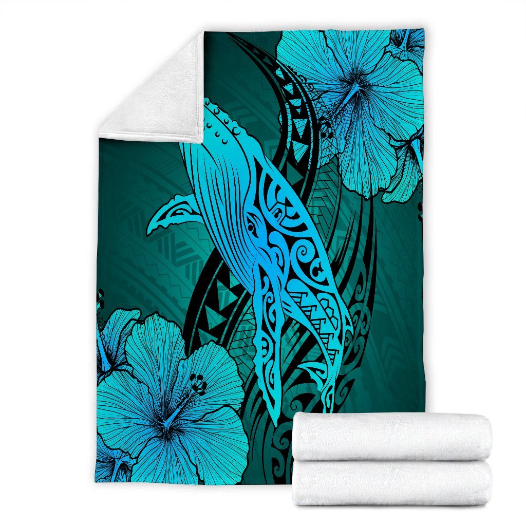 Hawaiian Map Whale Swim Hibiscus Polynesian Premium Blankets - Turquoise - AH - Polynesian Pride