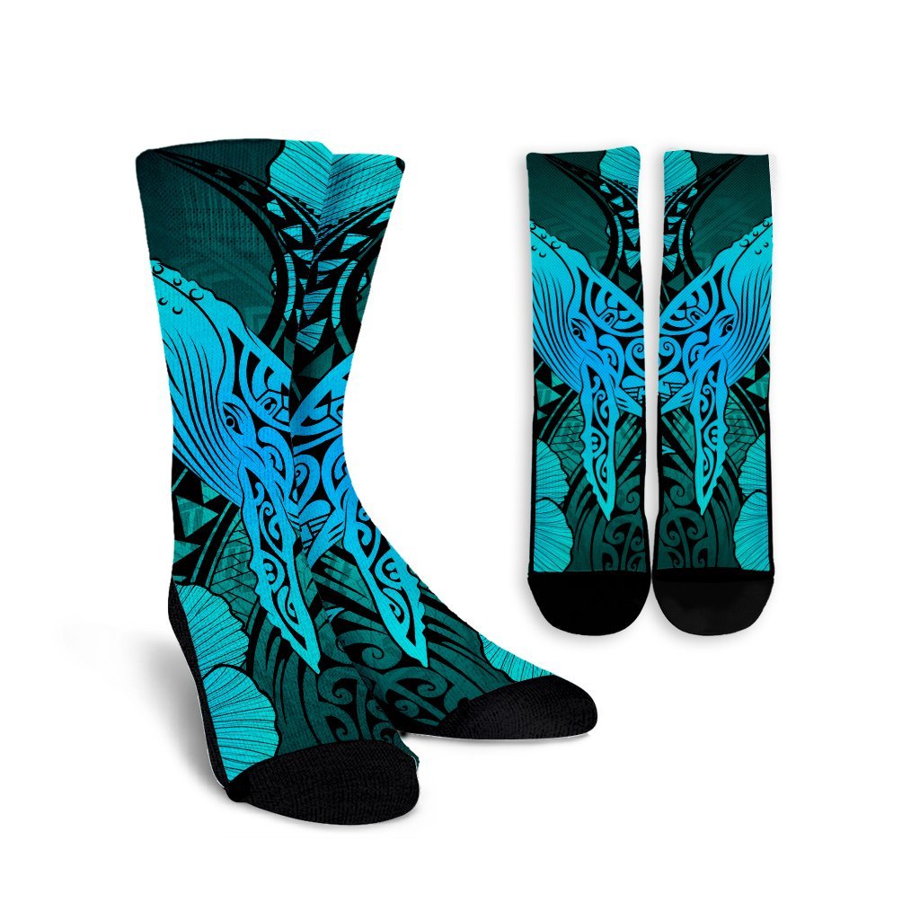 Hawaiian Map Whale Swim Hibiscus Polynesian Crew Socks - Turquoise - AH Crew Socks White - Polynesian Pride