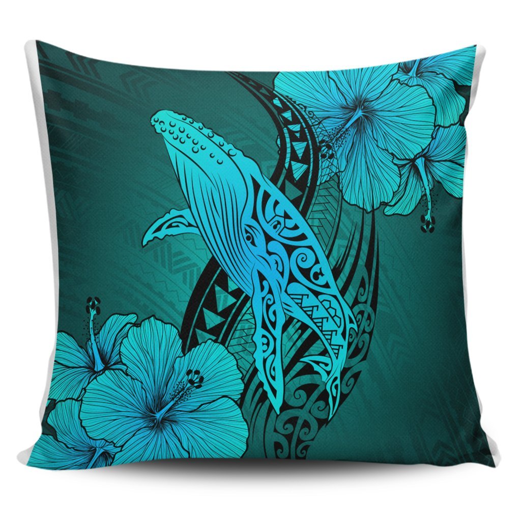 Hawaiian Map Whale Swim Hibiscus Polynesian Pillow Covers - Turquoise - AH Pillow Covers Black - Polynesian Pride