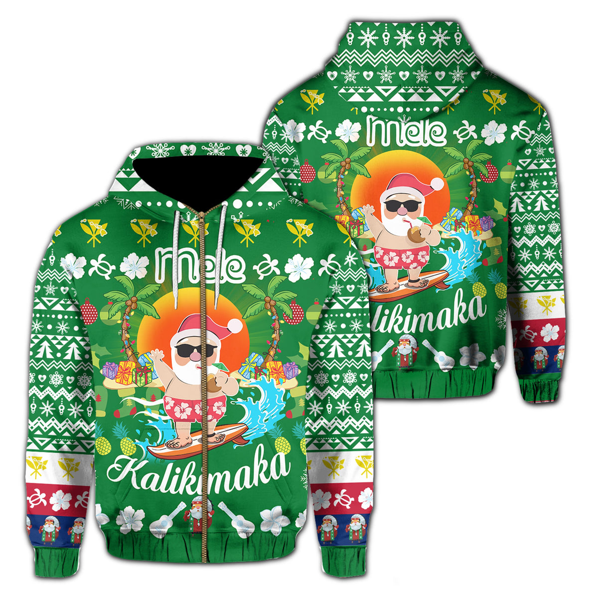 Hawaiian Mele Kalikimaka Santa Claus Pattern Christmas Hoodie Zip Green Labo Style Unisex Green - Polynesian Pride