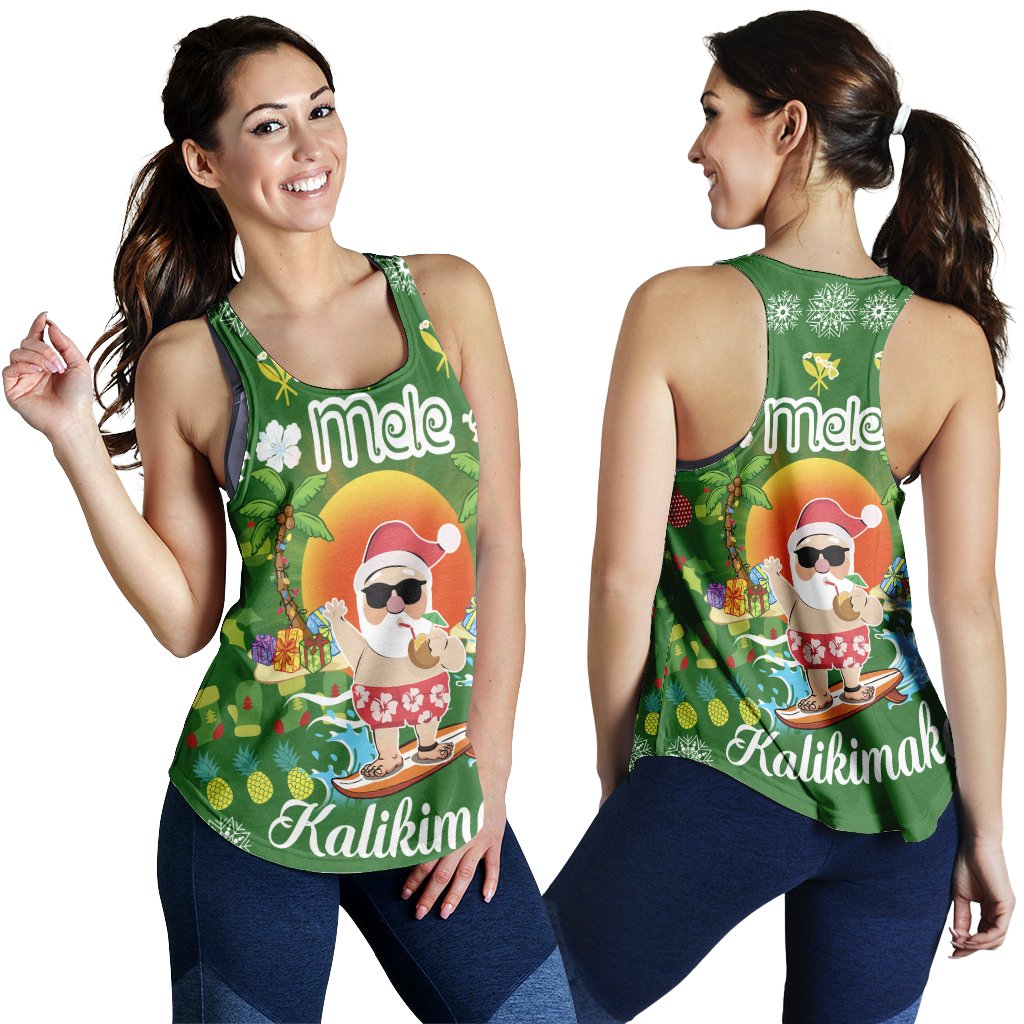 Hawaiian Mele Kalikimaka Santa Claus Pattern Christmas Women's Racerback Tank - Green - Labo Style - AH Green - Polynesian Pride