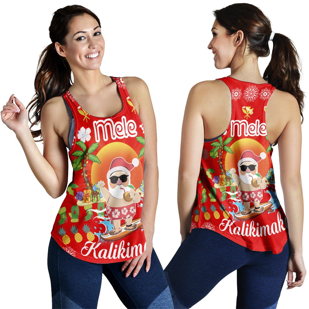 Hawaiian Mele Kalikimaka Santa Claus Pattern Christmas Women's Racerback Tank - Red - Labo Style - AH Red - Polynesian Pride