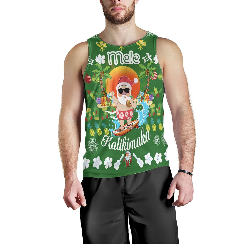 Hawaiian Mele Kalikimaka Santa Claus Pattern Christmas Men's Tank Top - Green - Labo Style - AH - Polynesian Pride