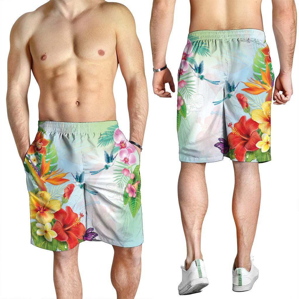 Hawaiian Orchids Strelitzia Hibiscus Plumeria Hummingbirds Polynesian Men's Shorts - AH - Polynesian Pride