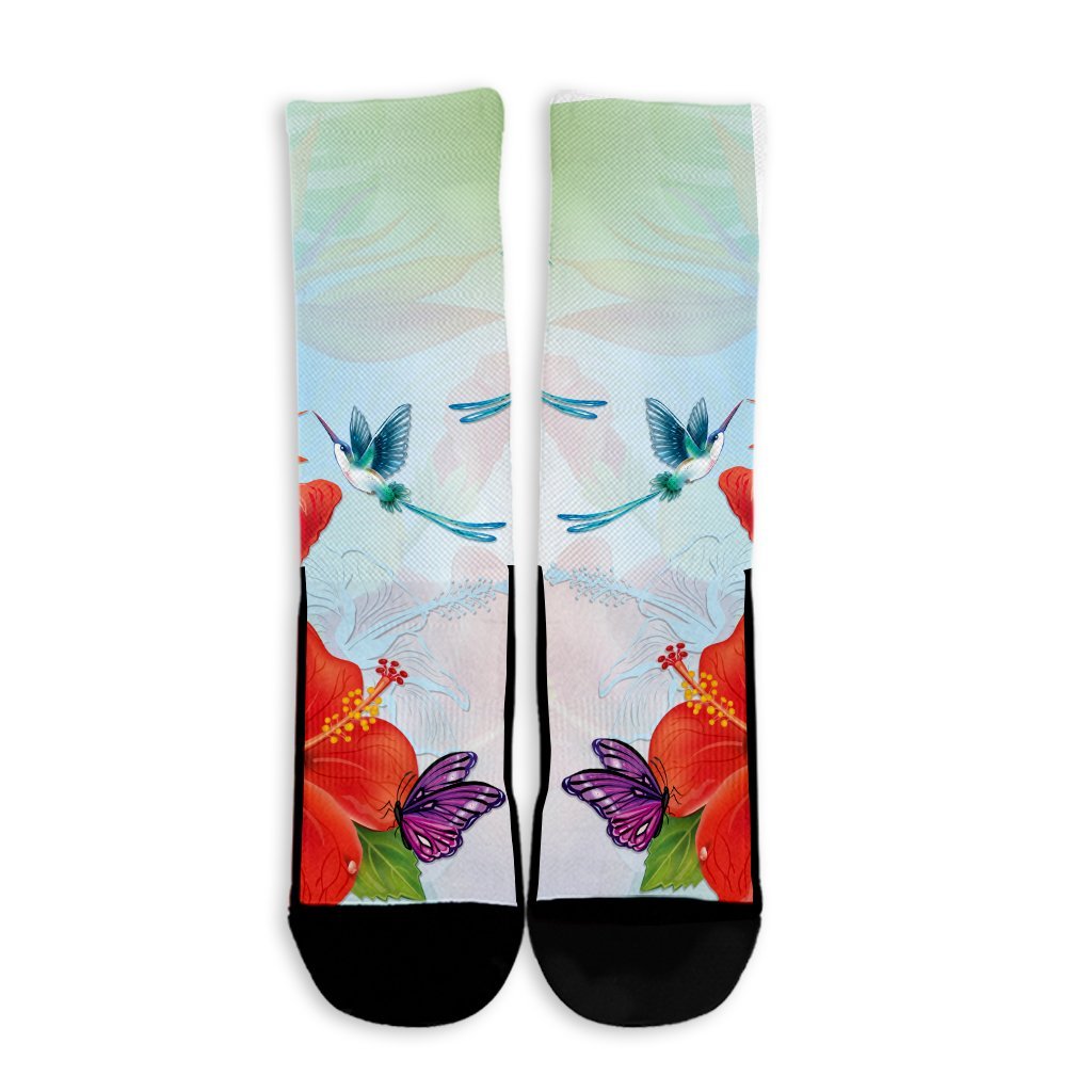 Hawaiian Orchids Strelitzia Hibiscus Plumeria Hummingbirds Polynesian Crew Socks - AH - Polynesian Pride