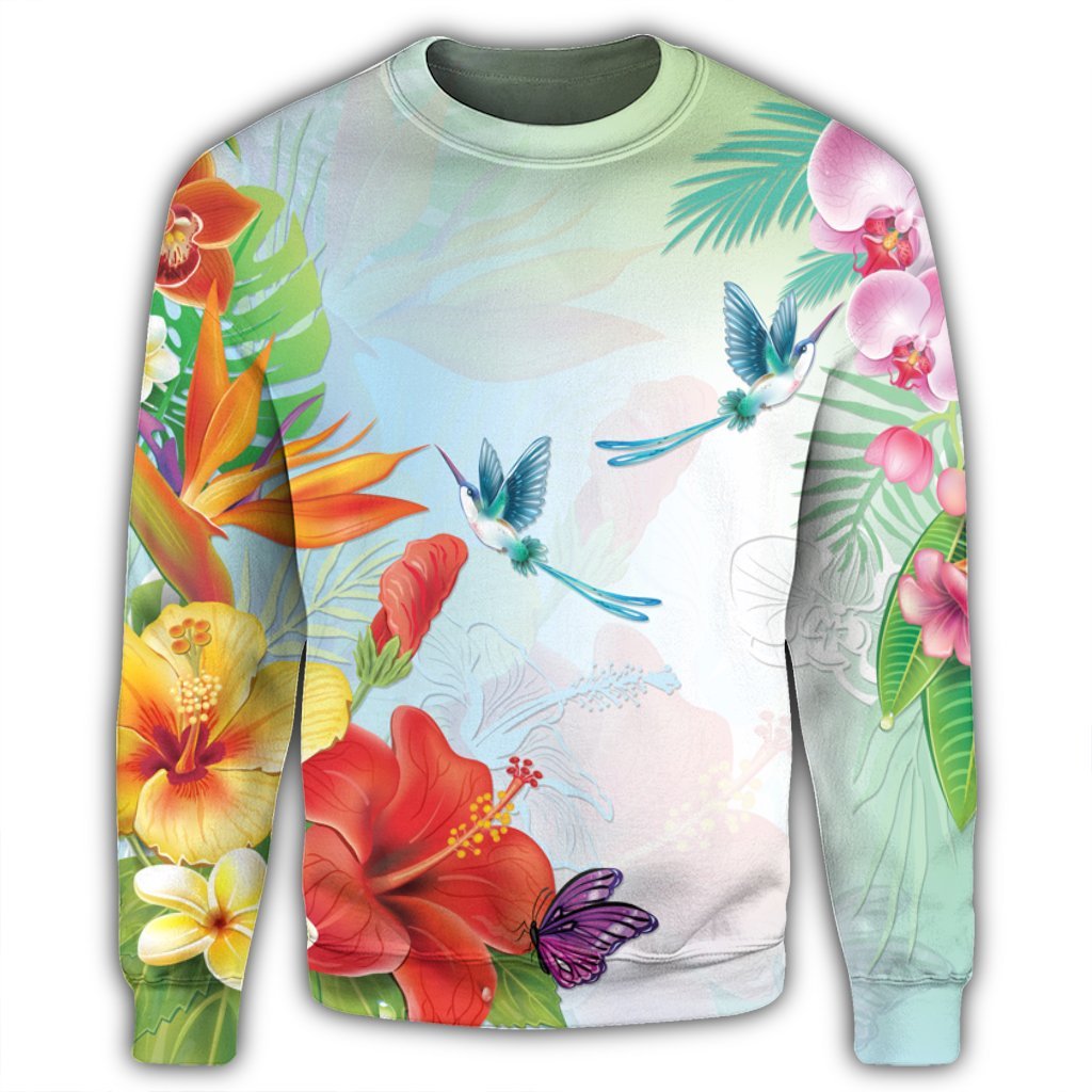 Hawaiian Orchids Strelitzia Hibiscus Plumeria Hummingbirds Polynesian Sweatshirt - AH - Polynesian Pride