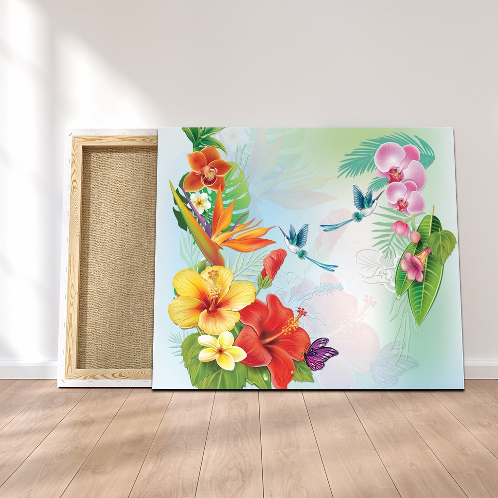 Hawaiian Orchids Strelitzia Hibiscus Plumeria Hummingbirds Polynesian Canvas - AH Canvas Poly-cotton - Polynesian Pride