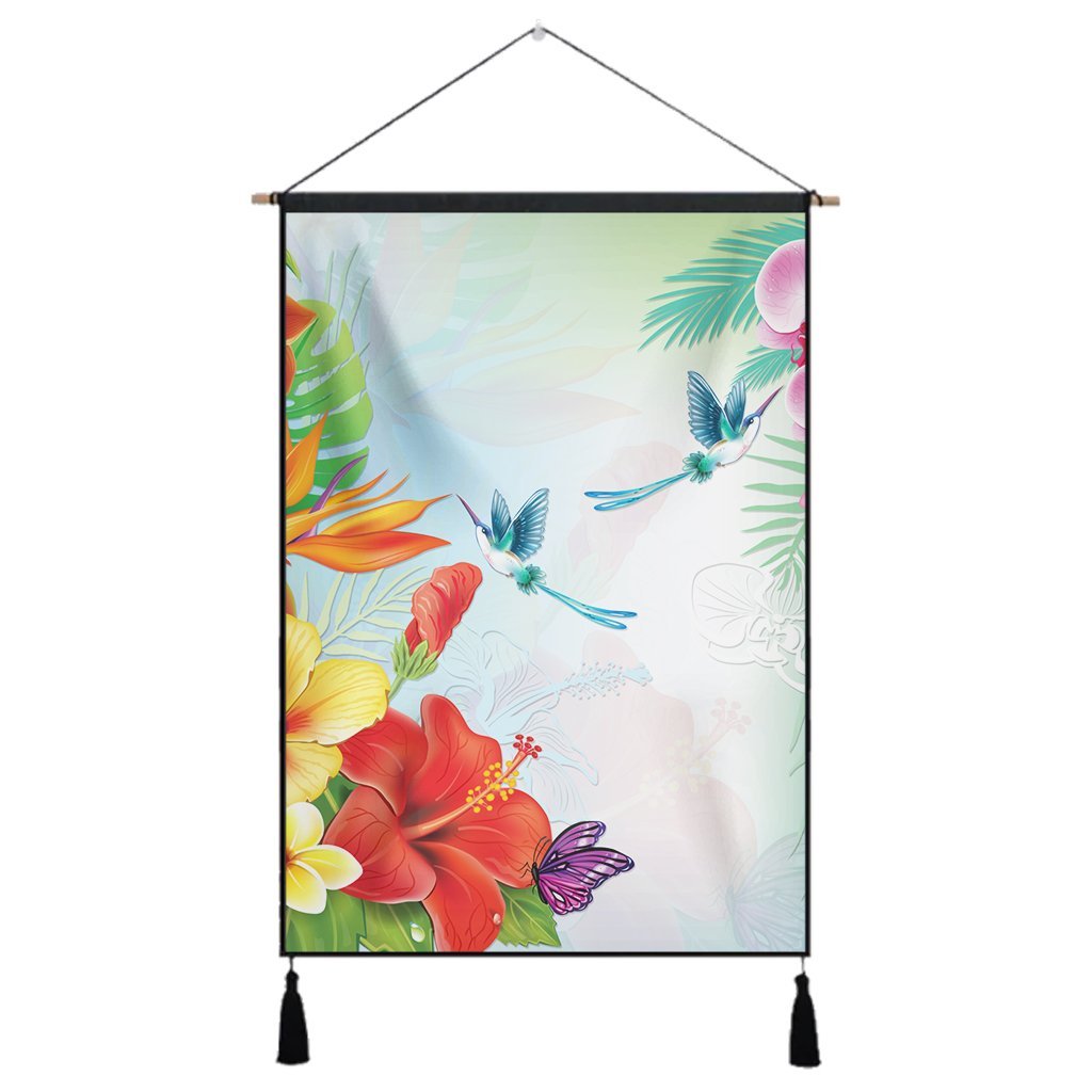 Hawaiian Orchids Strelitzia Hibiscus Plumeria Hummingbirds Polynesian Hanging Poster - AH Hanging Poster Cotton And Linen - Polynesian Pride