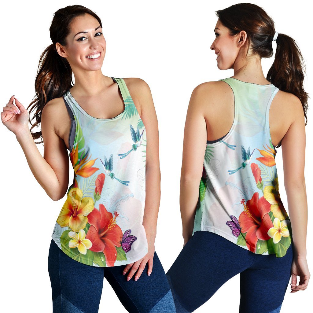 Hawaiian Orchids Strelitzia Hibiscus Plumeria Hummingbirds Polynesian Racerback Tank - AH Black - Polynesian Pride