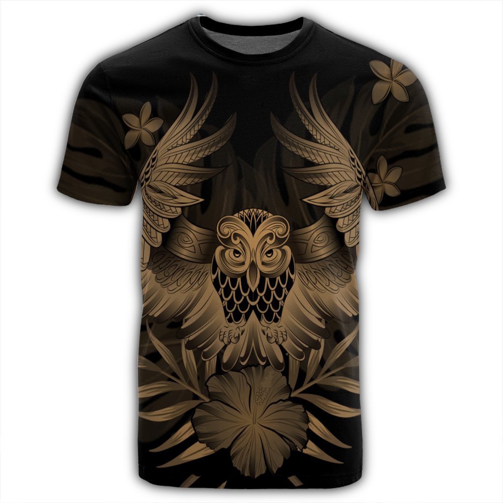 Hawaiian Owl Hibiscus Plumeria Polynesian T Shirt Gold AH - Polynesian Pride