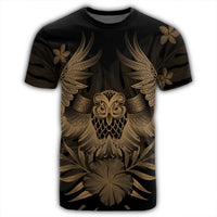 Hawaiian Owl Hibiscus Plumeria Polynesian T Shirt Gold AH - Polynesian Pride