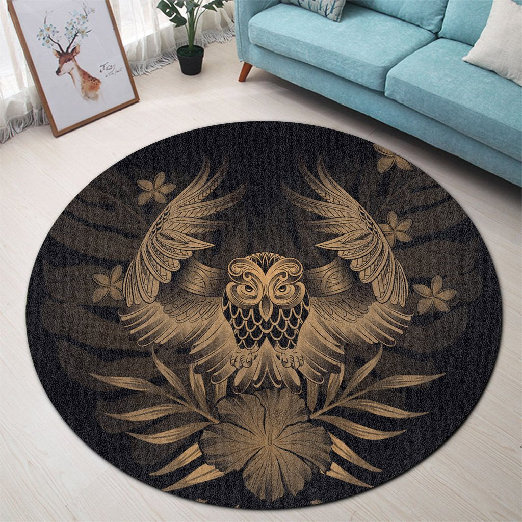 Hawaiian Owl Hibiscus Plumeria Polynesian Round Carpet - Gold - AH - Polynesian Pride