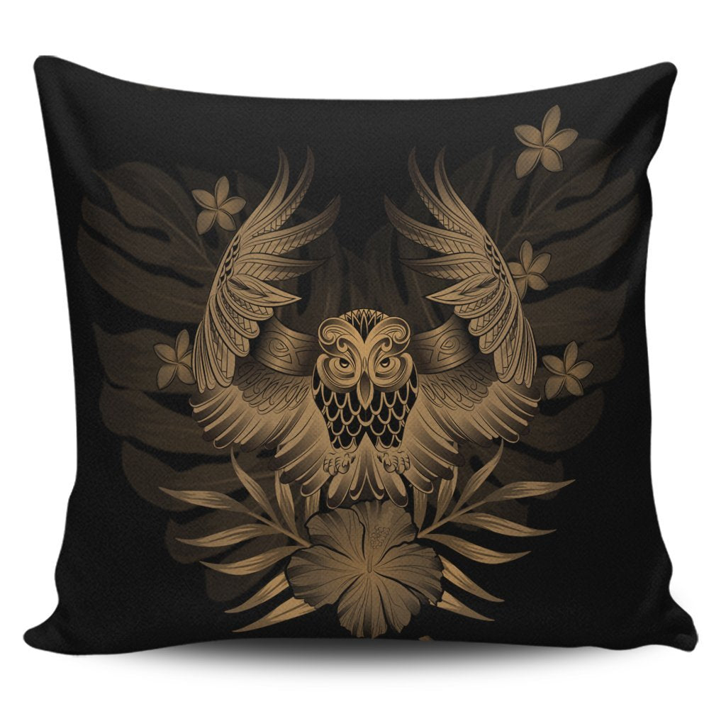 Hawaiian Owl Hibiscus Plumeria Polynesian Pillow Covers - Gold - AH Pillow Covers Black - Polynesian Pride