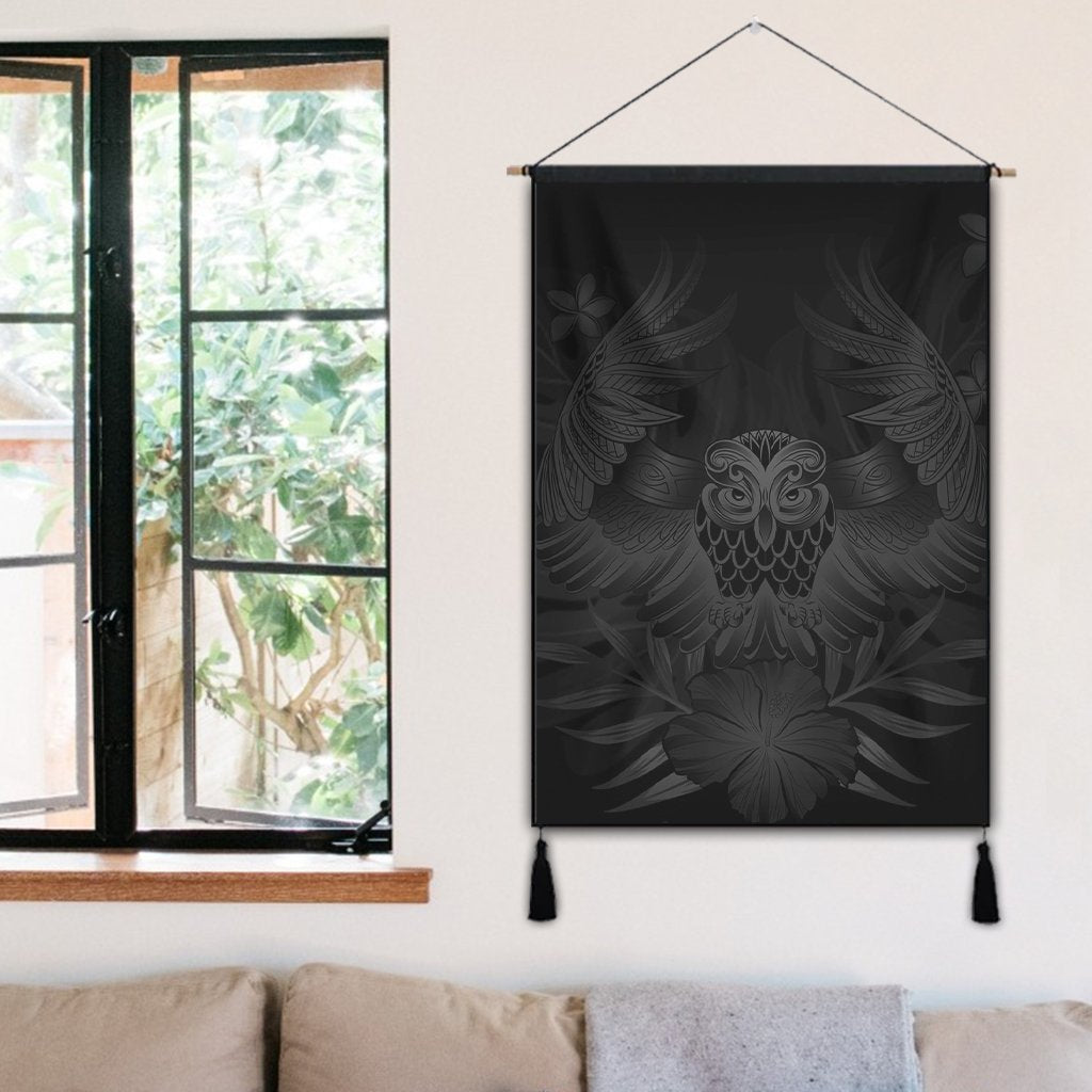 Hawaiian Owl Hibiscus Plumeria Polynesian Hanging Poster - Gray - AH - Polynesian Pride