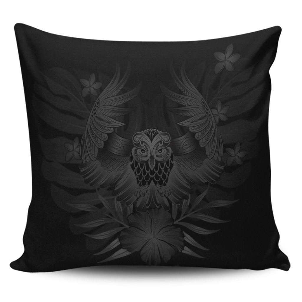 Hawaiian Owl Hibiscus Plumeria Polynesian Pillow Covers - Gray - AH Pillow Covers Black - Polynesian Pride