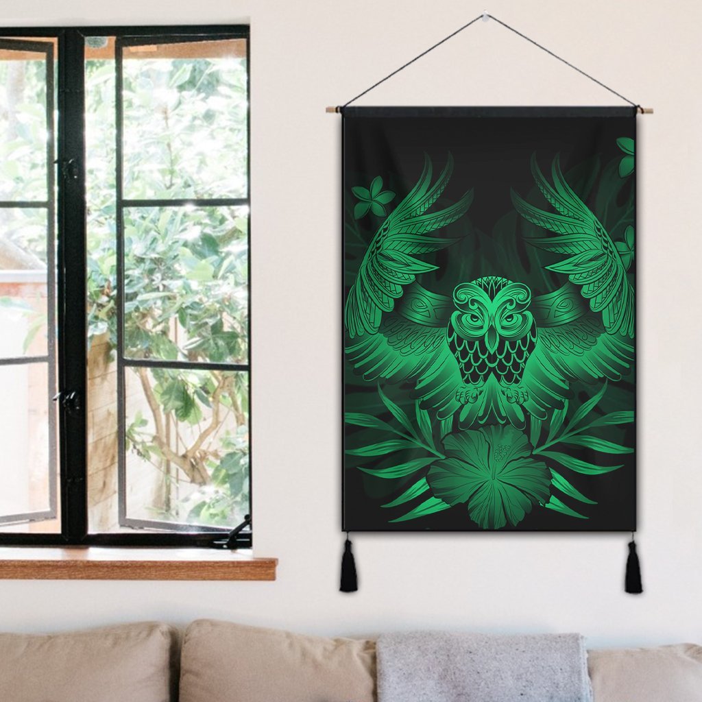 Hawaiian Owl Hibiscus Plumeria Polynesian Hanging Poster - Green - AH - Polynesian Pride
