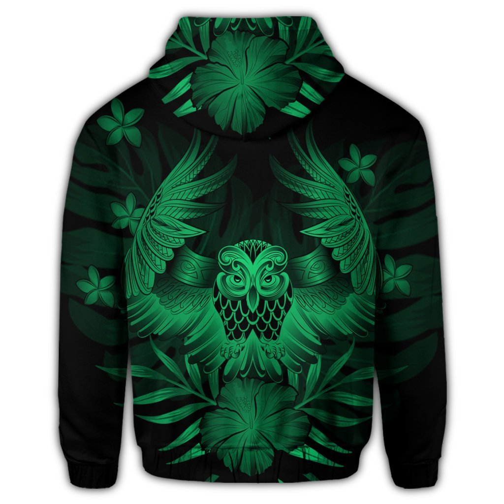 Hawaiian Owl Hibiscus Plumeria Polynesian Zip Hoodie Green - Polynesian Pride