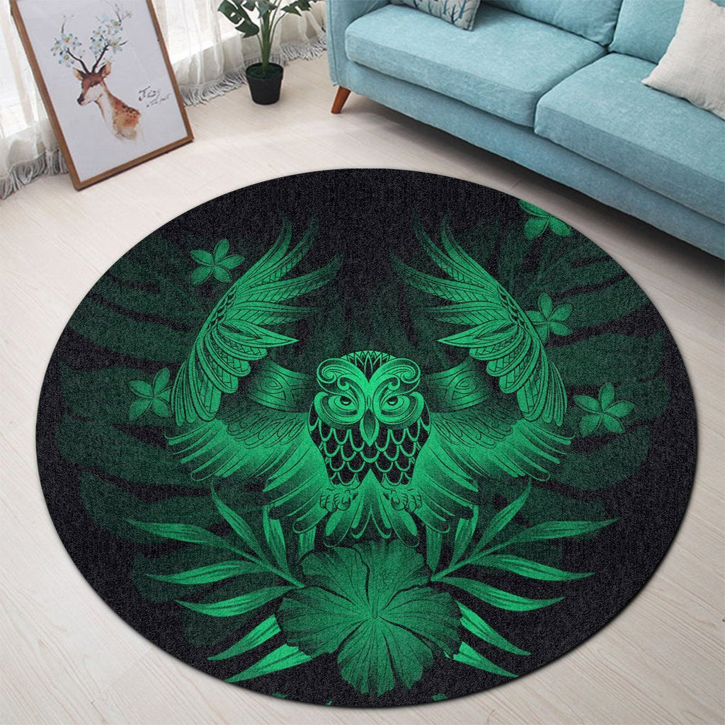 Hawaiian Owl Hibiscus Plumeria Polynesian Round Carpet - Green - AH - Polynesian Pride