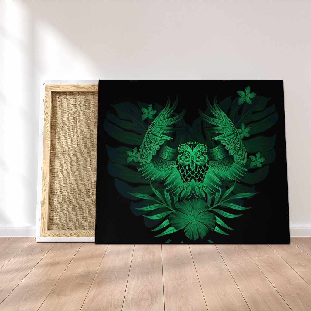 Hawaiian Owl Hibiscus Plumeria Polynesian Canvas - Green - AH Canvas Poly-cotton - Polynesian Pride
