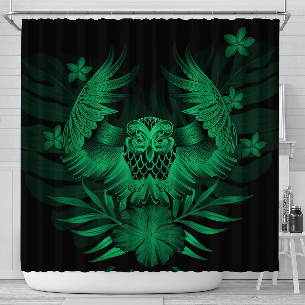 Hawaiian Owl Hibiscus Plumeria Polynesian Shower Curtain - Green - AH 177 x 172 (cm) Black - Polynesian Pride