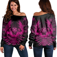 Hawaiian Owl Hibiscus Plumeria Polynesian Women's Off Shoulder Sweater - Pink - AH Black - Polynesian Pride
