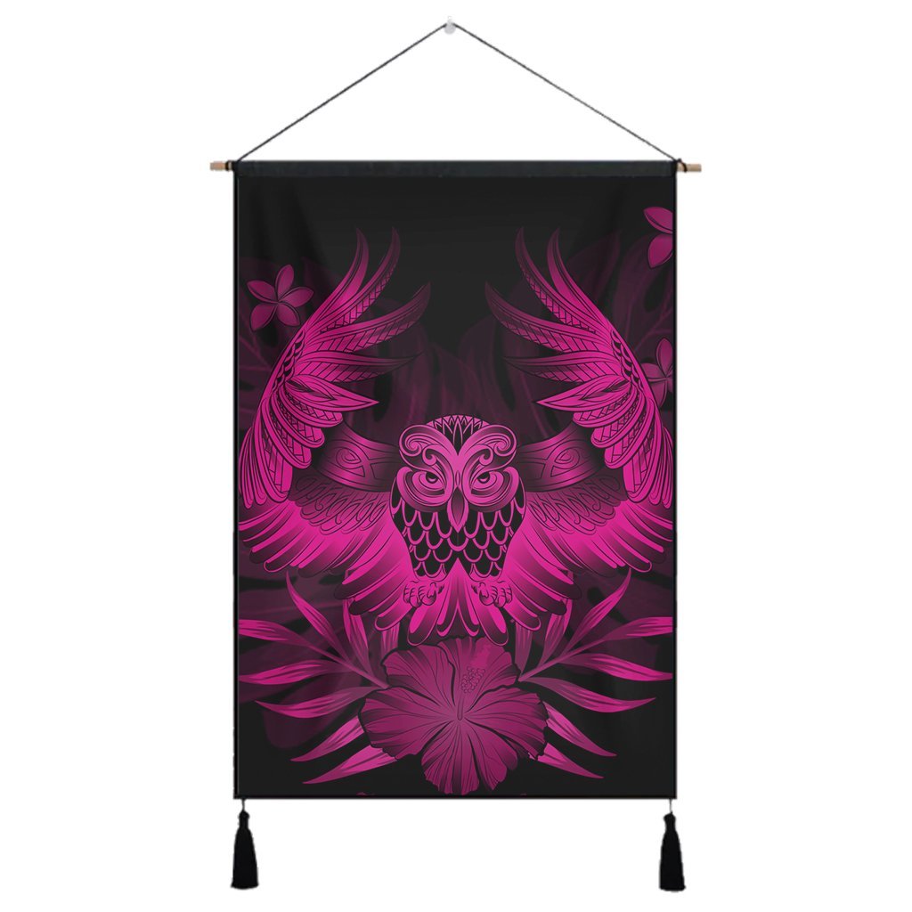 Hawaiian Owl Hibiscus Plumeria Polynesian Hanging Poster - Pink - AH Hanging Poster Cotton And Linen - Polynesian Pride